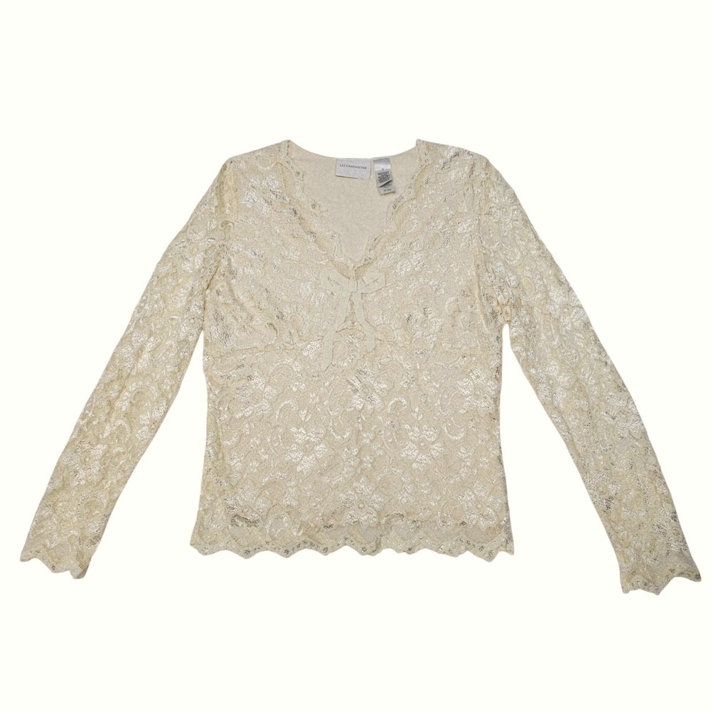 Vtg Aesthetic Cream Lace Long Sleeve Top M Coquette Romantic Balletcore Layering